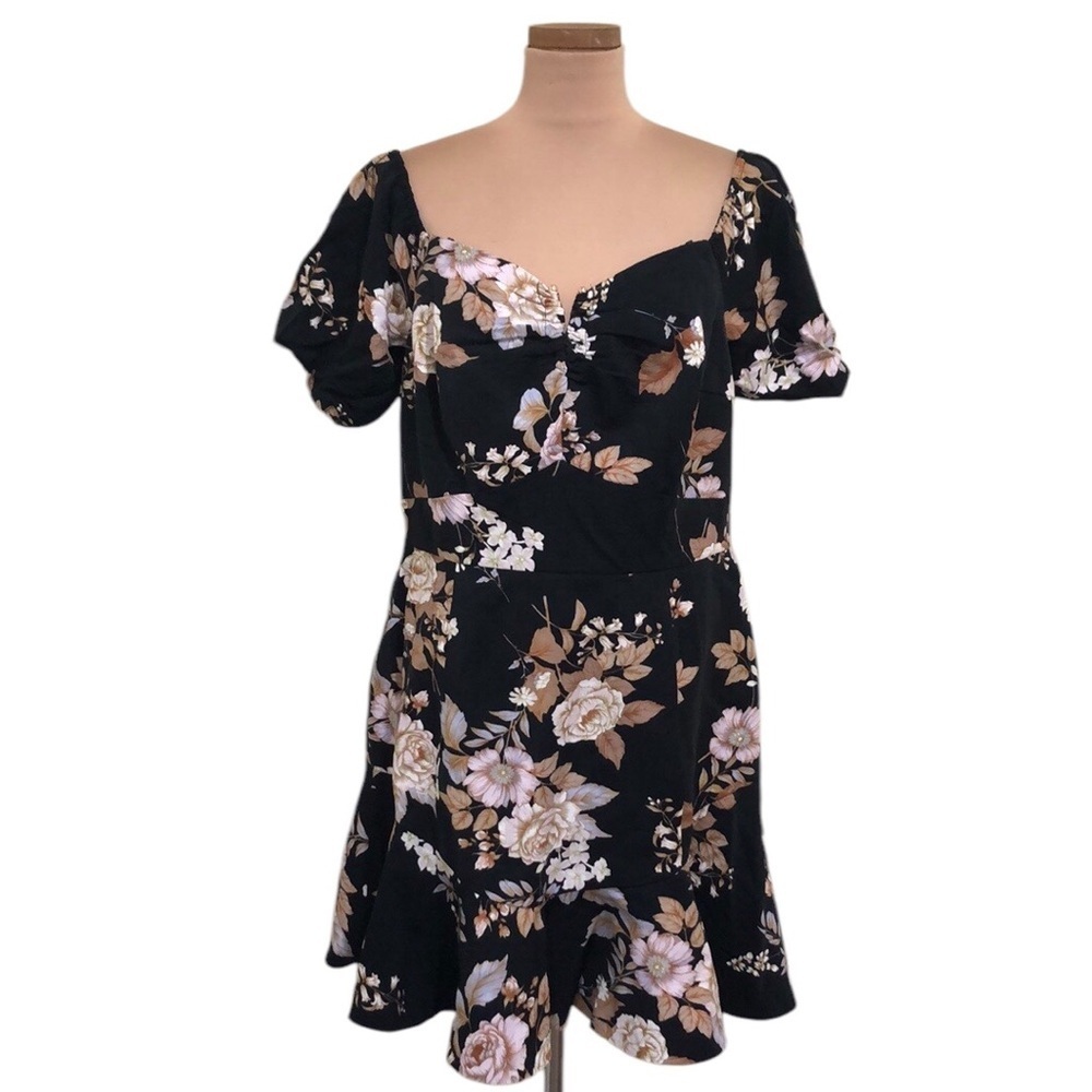 City Chic Dress Size 14 Black Floral Puff Sleeve Mini